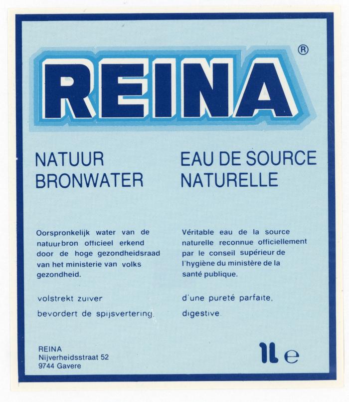 Etiketten voor het bronwater en de limonades van Reina