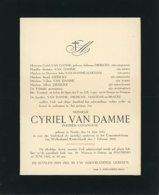 Doodsbrief en bidprentje Cyriel Van Damme