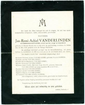 Rouwbrief en doodsprentje van Jan-Remi-Achiel Vanderlinden