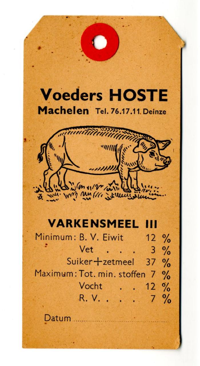 Etiket van zak varkensmeel geproduceerd bij Voeders Algoet