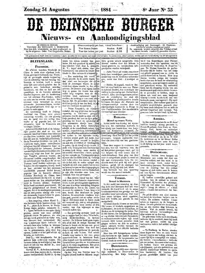 De Deinsche Burger: Zondag 31 augustus 1884